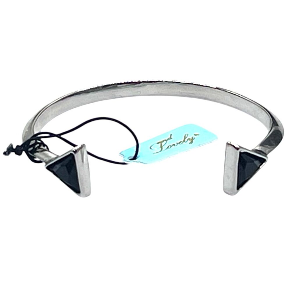 And Lovely Modern Triangle Black Cabachon Silver-Tone Cuff Bracelet Bold New